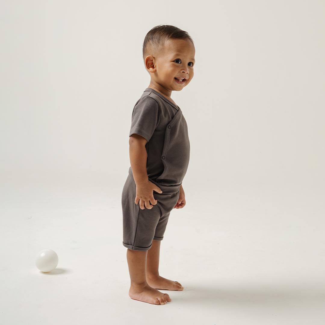 Short Wrapover Bodysuit Set in Charcoal Grey - Bonclair