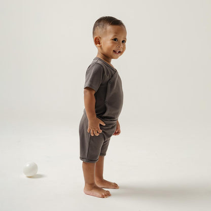 Short Wrapover Bodysuit Set in Charcoal Grey - Bonclair