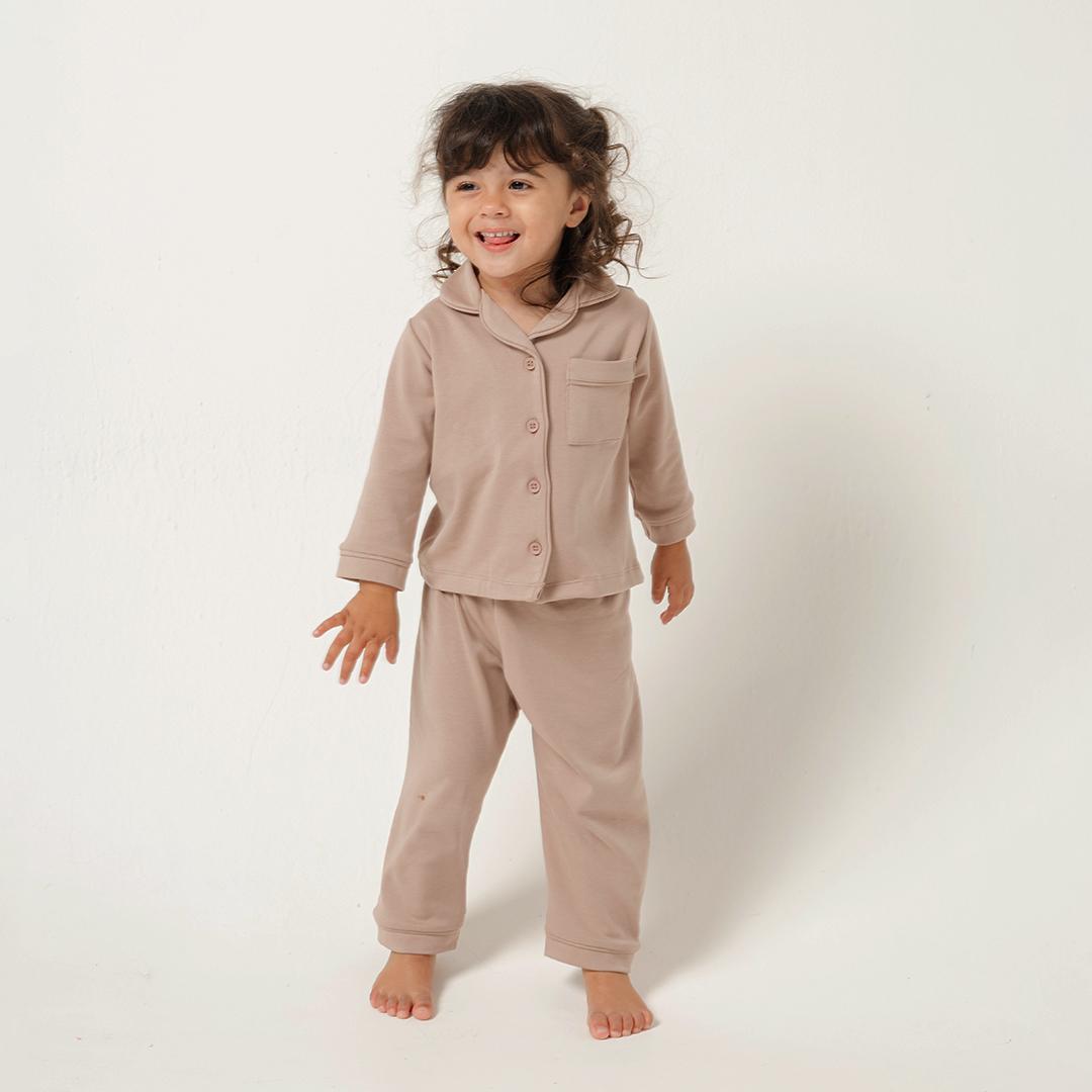 Cotton Long Button Pyjamas in Taupe - Bonclair