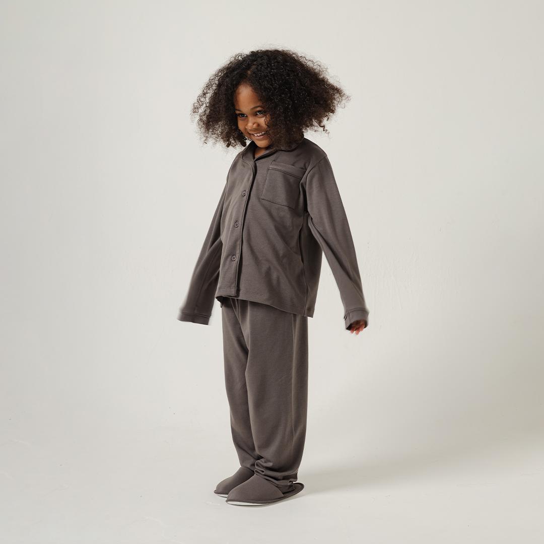 Cotton Long Button Pyjamas in Charcoal Grey - Bonclair