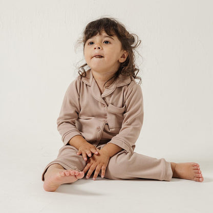 Cotton Long Button Pyjamas in Taupe - Bonclair
