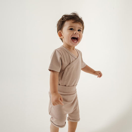 Short Wrapover Bodysuit Set in Taupe - Bonclair