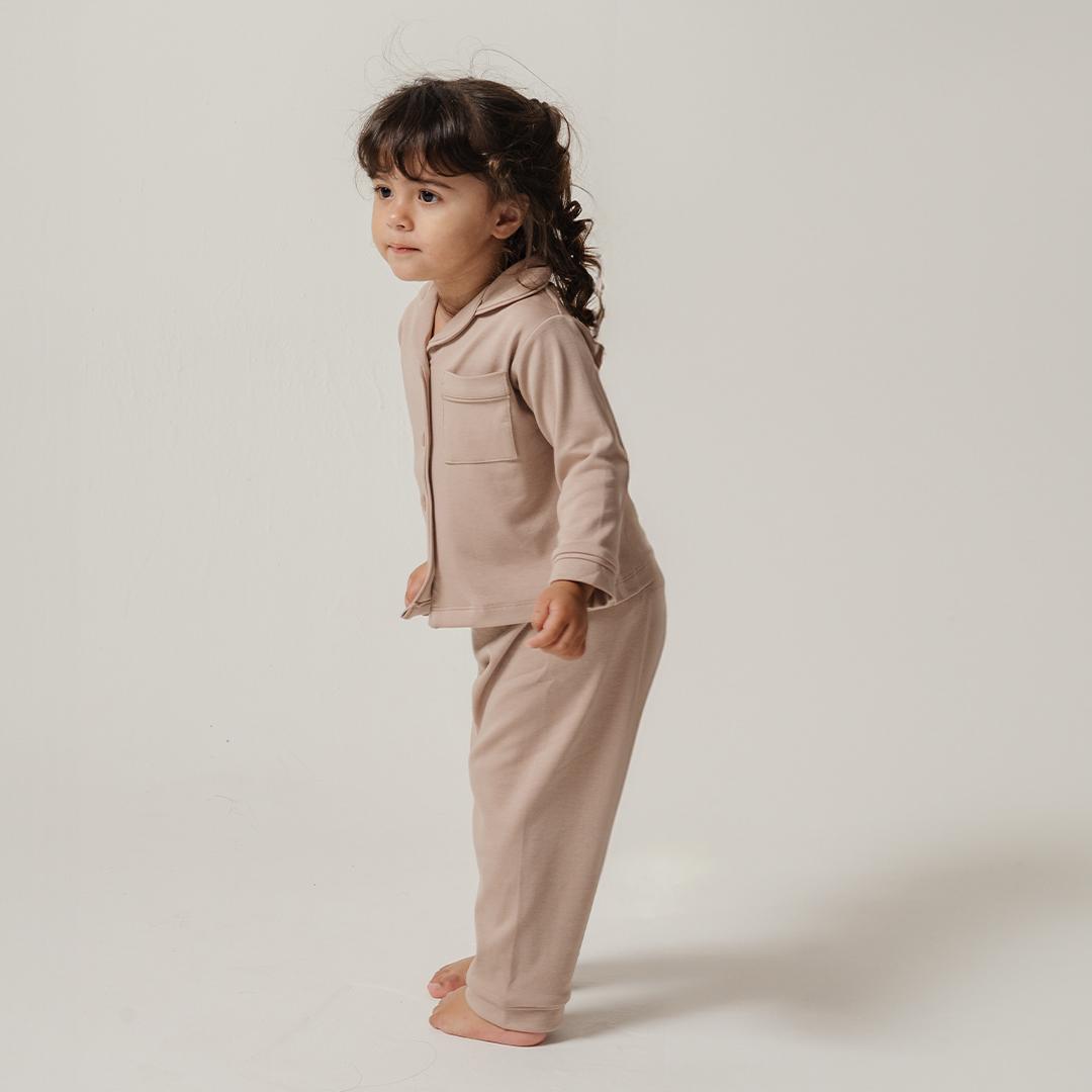 Cotton Long Button Pyjamas in Taupe - Bonclair