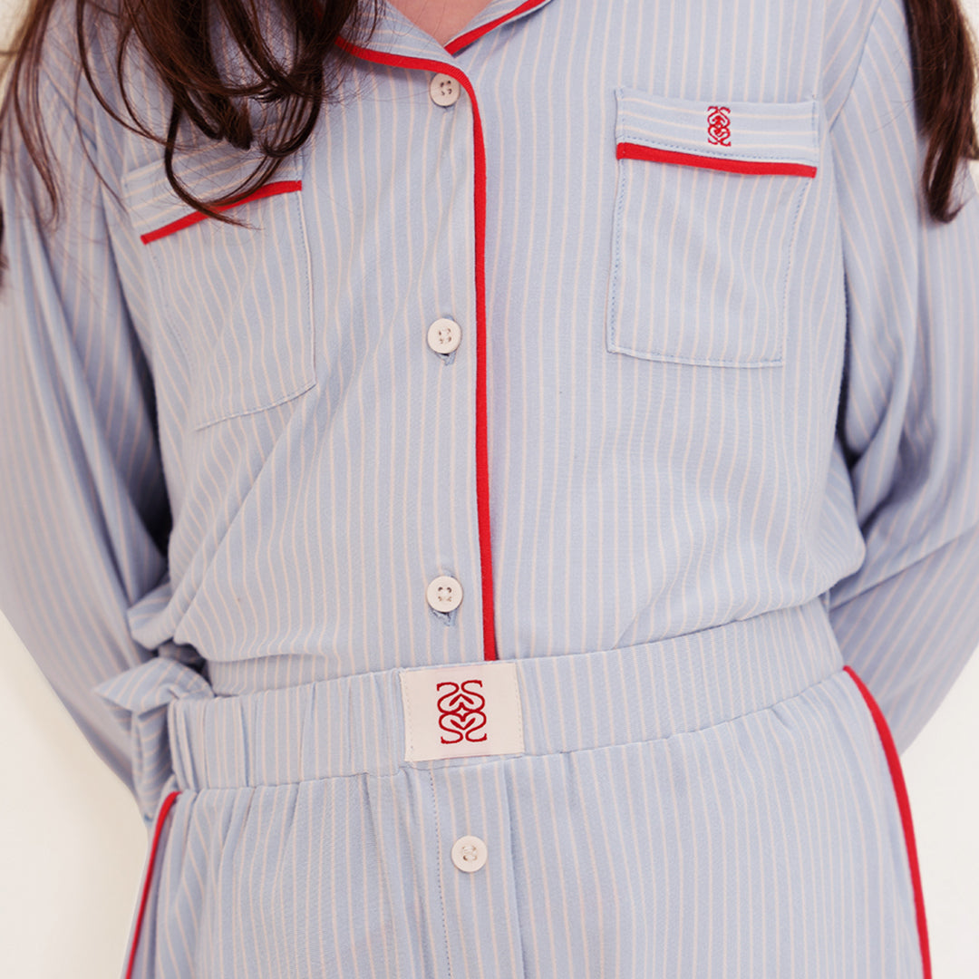 Kids Bamboo Long Button PJs Blue Stripes - SALIE x Michimomo