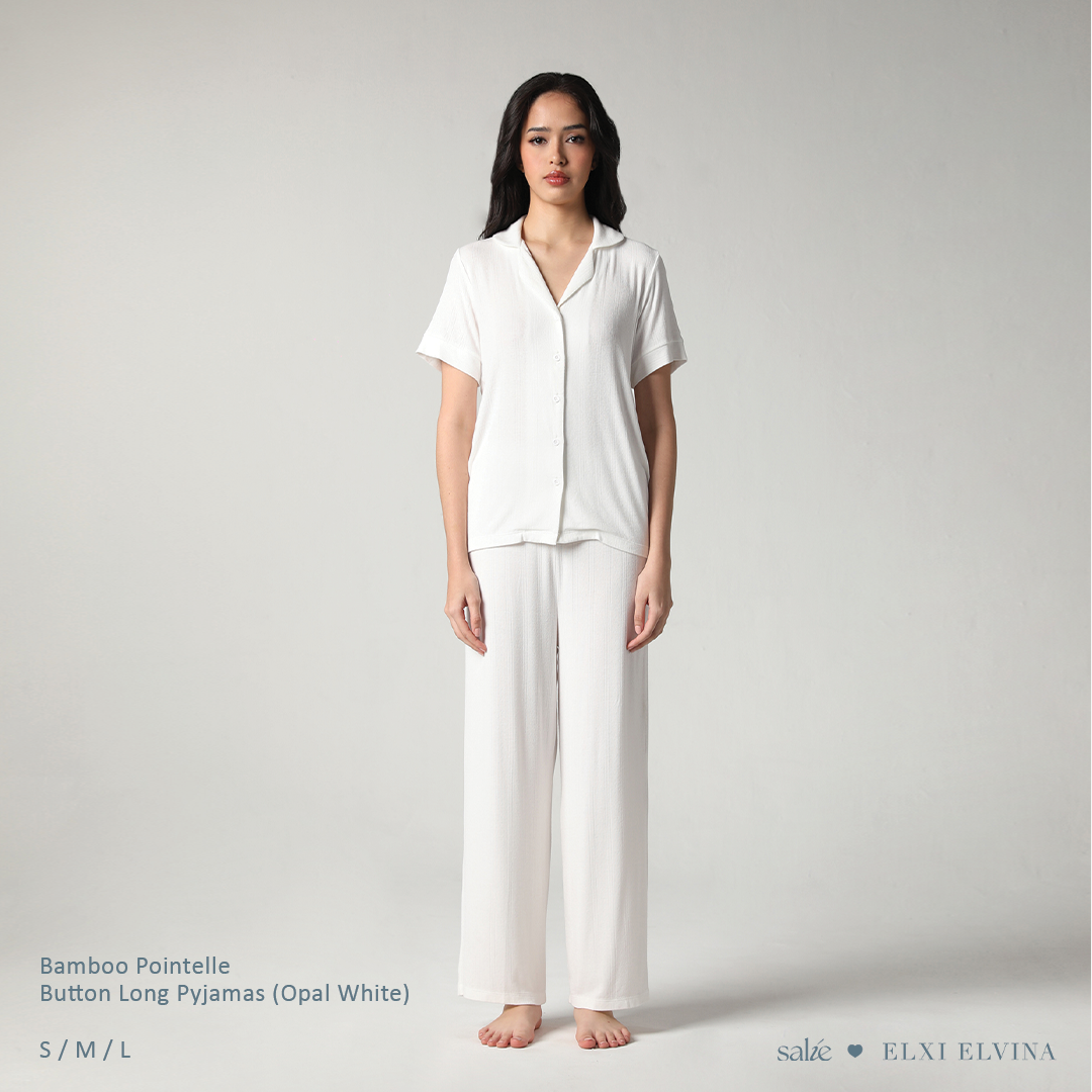 SALIE X Elxi Elvina - Bamboo Pointelle Button Long Pyjamas in Opal White