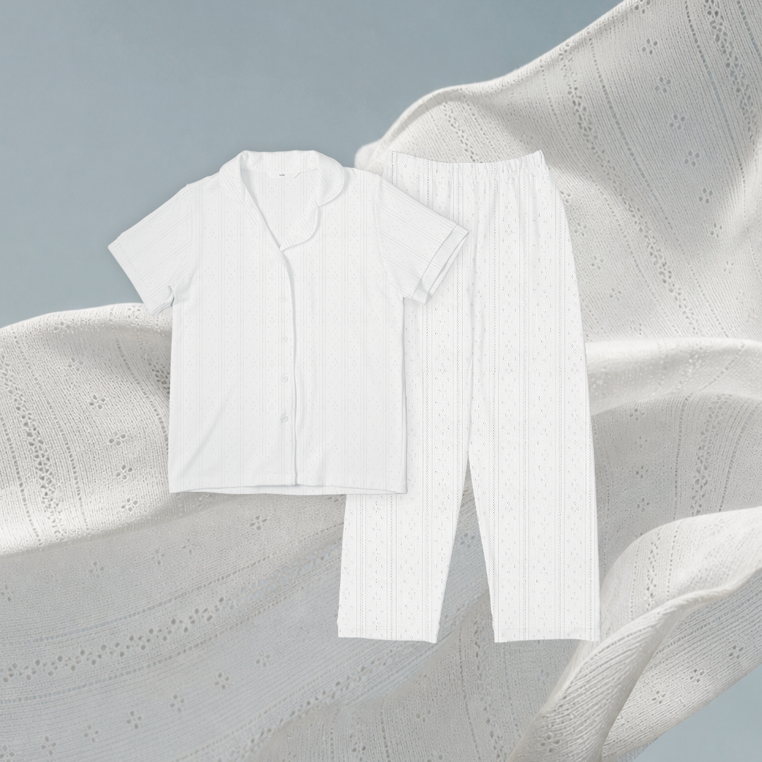 SALIE X Elxi Elvina - Bamboo Pointelle Button Long Pyjamas in Opal White