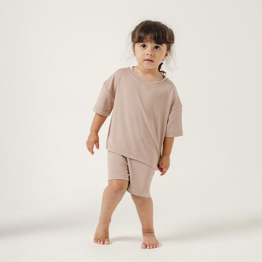 Kids Oversized Crew Neck Set in Taupe - Bonclair