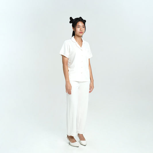 Women Cotton Button Pyjamas Long Pants in Milk - SALIE