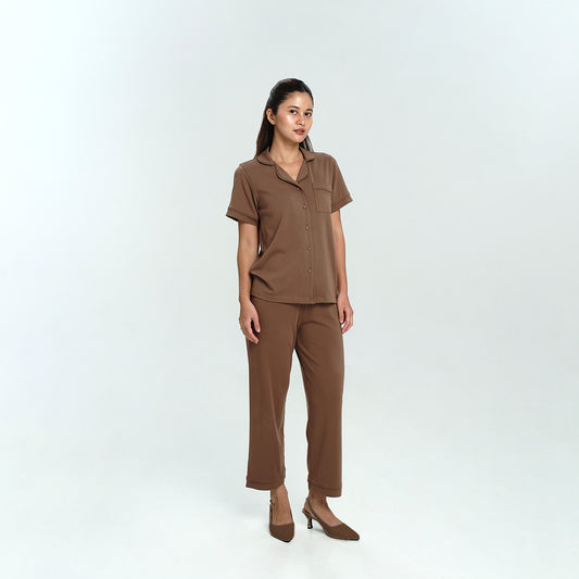 Women Cotton Button Pyjamas Long Pants in Espresso - SALIE