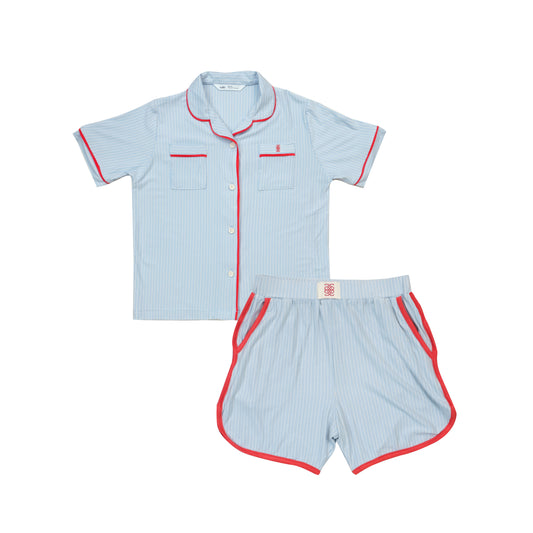 Kids Bamboo Short Button PJs Blue Stripes - SALIE x Michimomo