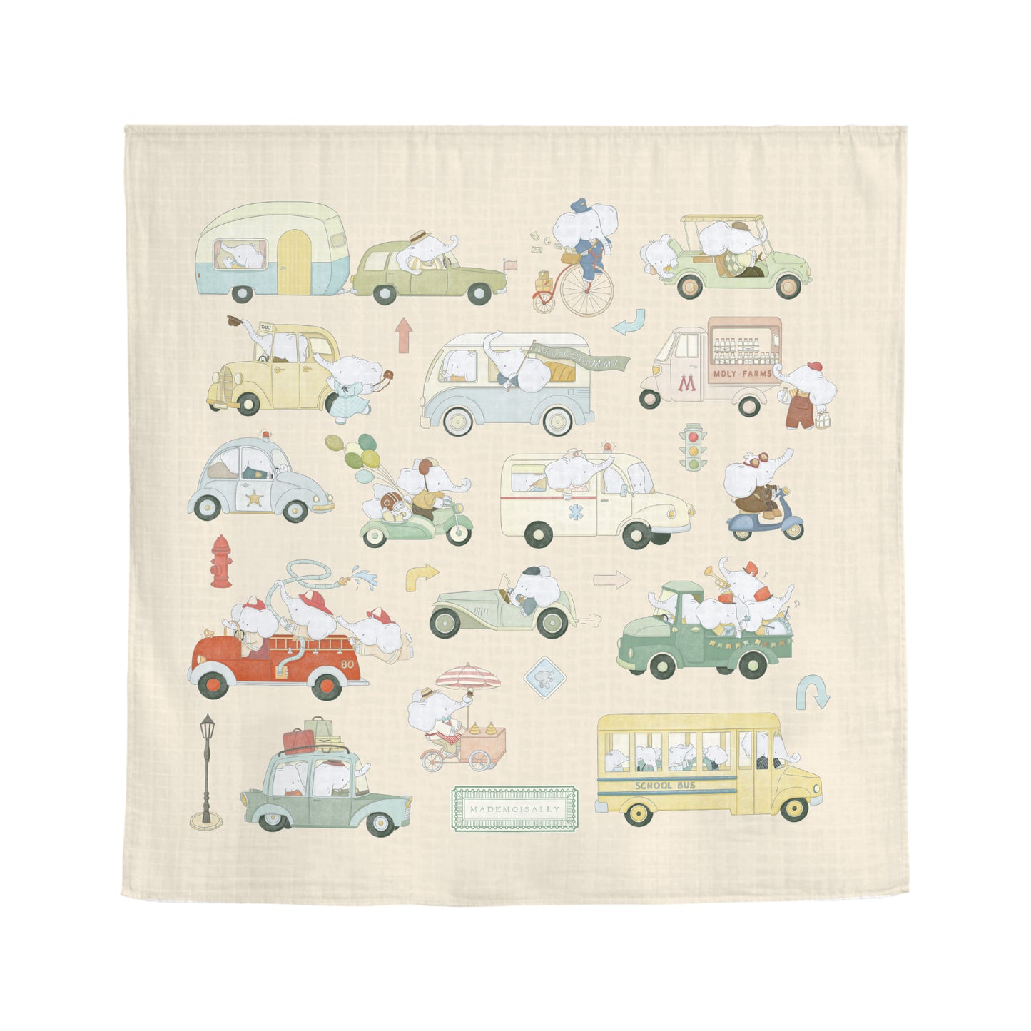 Muslin Swaddle Whimsical Wheels - Mademoisally