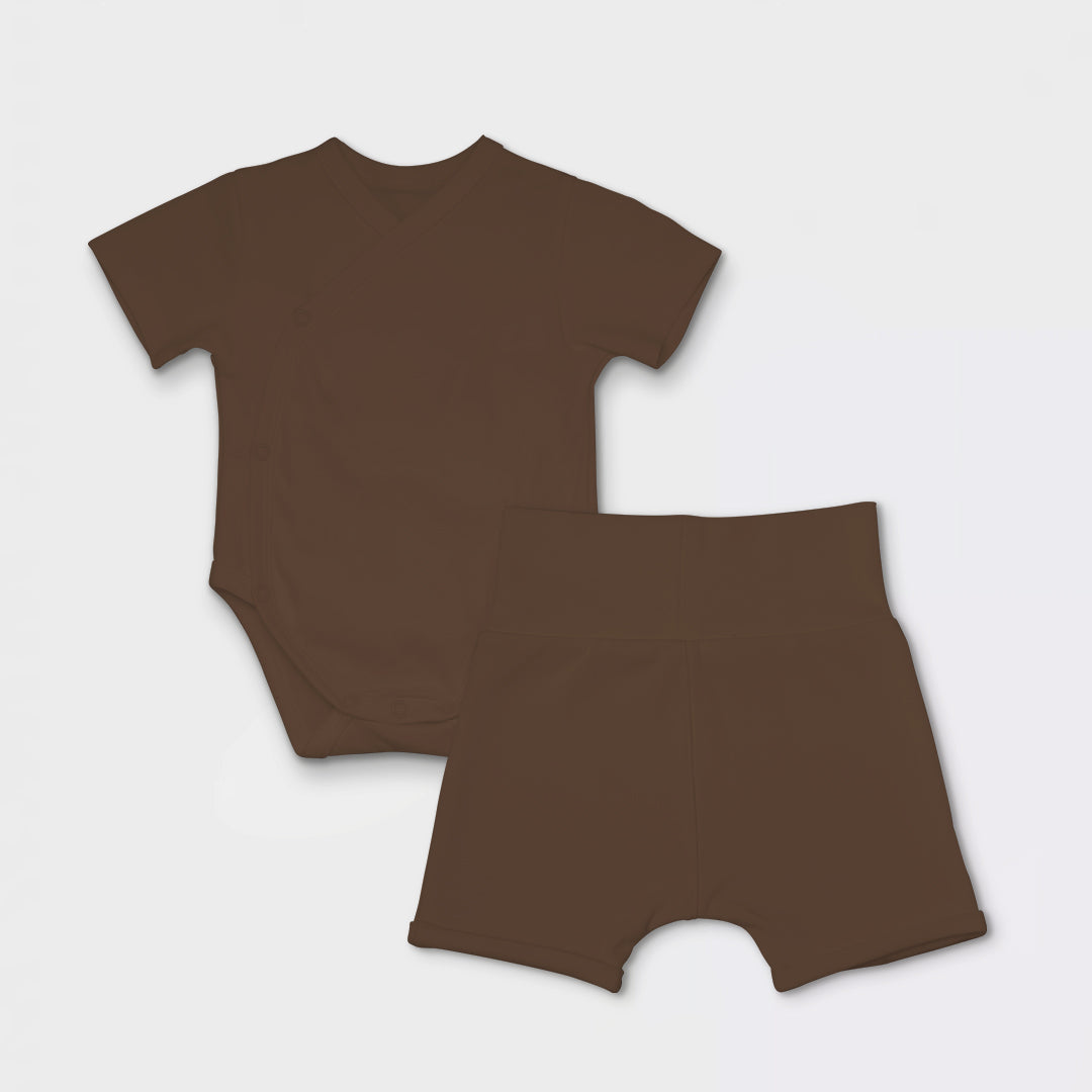 Short Wrapover Bodysuit Set in Espresso - Bonclair