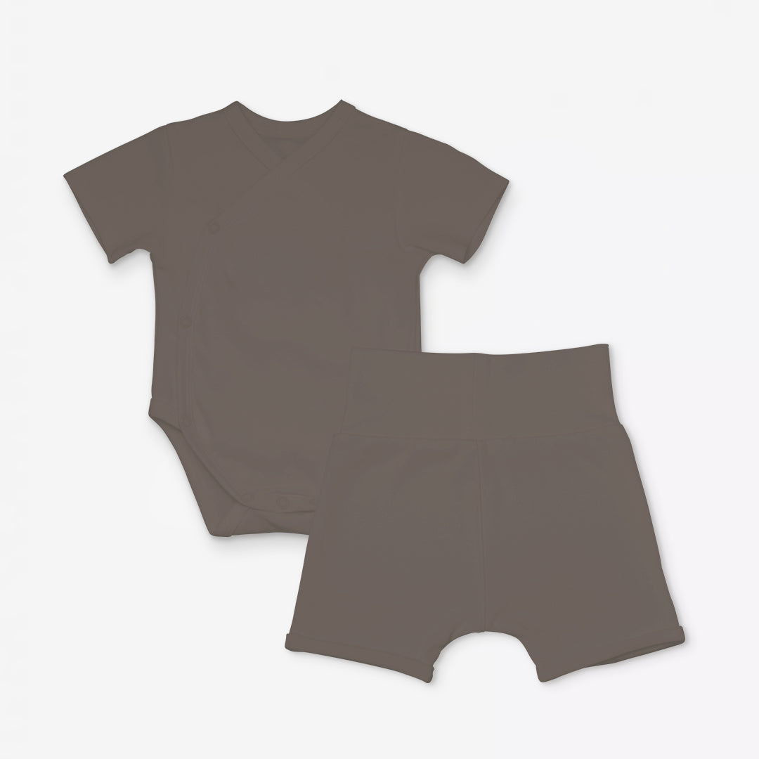 Short Wrapover Bodysuit Set in Charcoal Grey - Bonclair